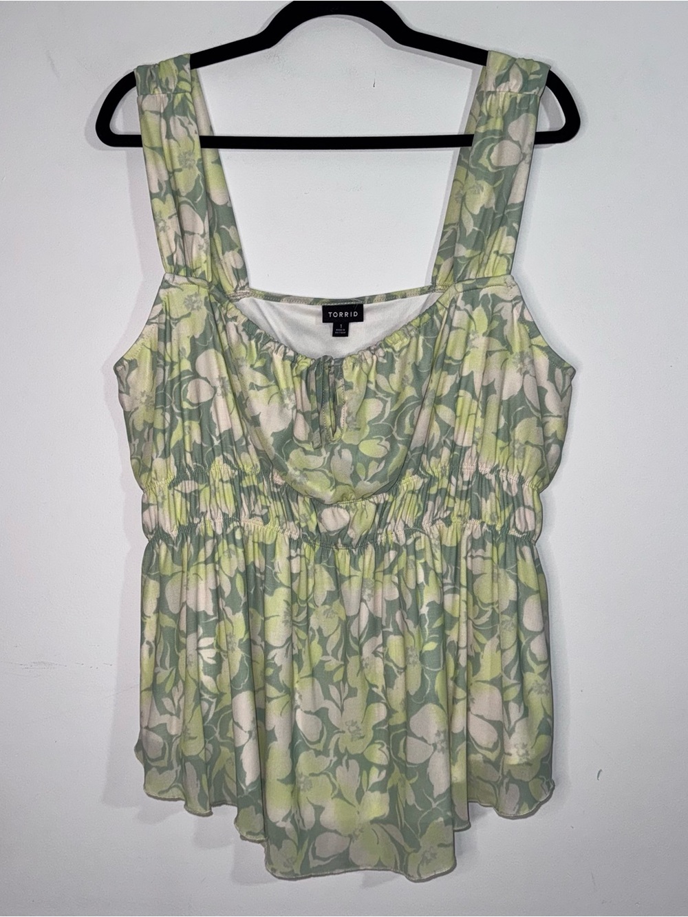 Torrid Floral Mesh Babydoll Tank Top Green Ruched Plus Size 1X